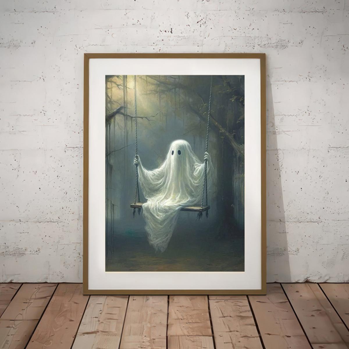 Ghost On The Swing Poster, Cute Little Spooky Halloween Canvas Poster