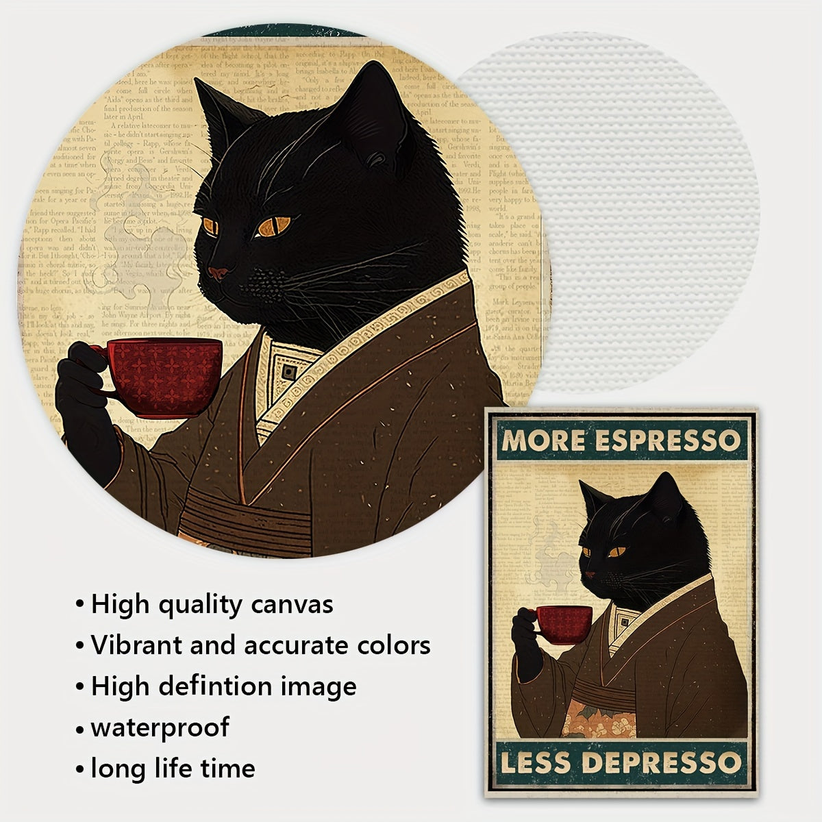 Vintage Black Cat Coffee Poster, More Espresso Less Depresso Canvas Print