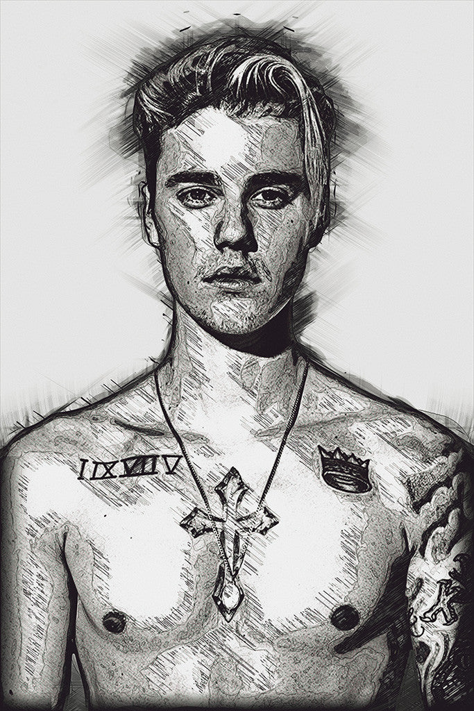 Justin Bieber Hot Body Tattoos Black and White Poster
