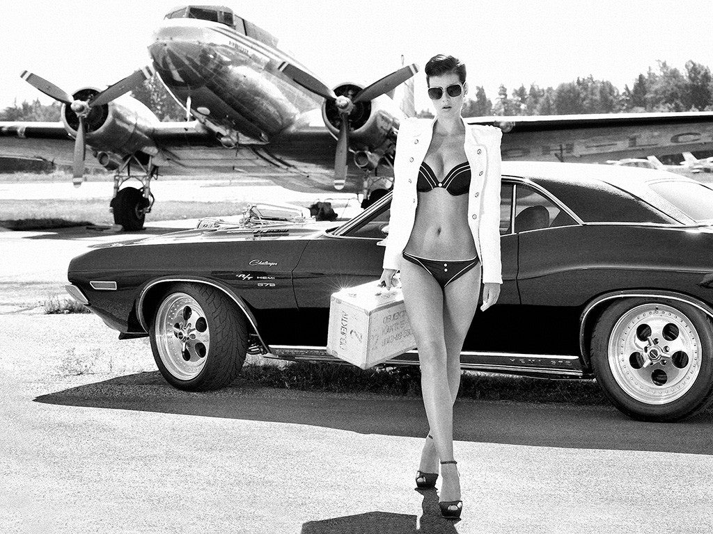Girl Miss Tuning Dodge Challenger Muscle Retro Car B/W Poster