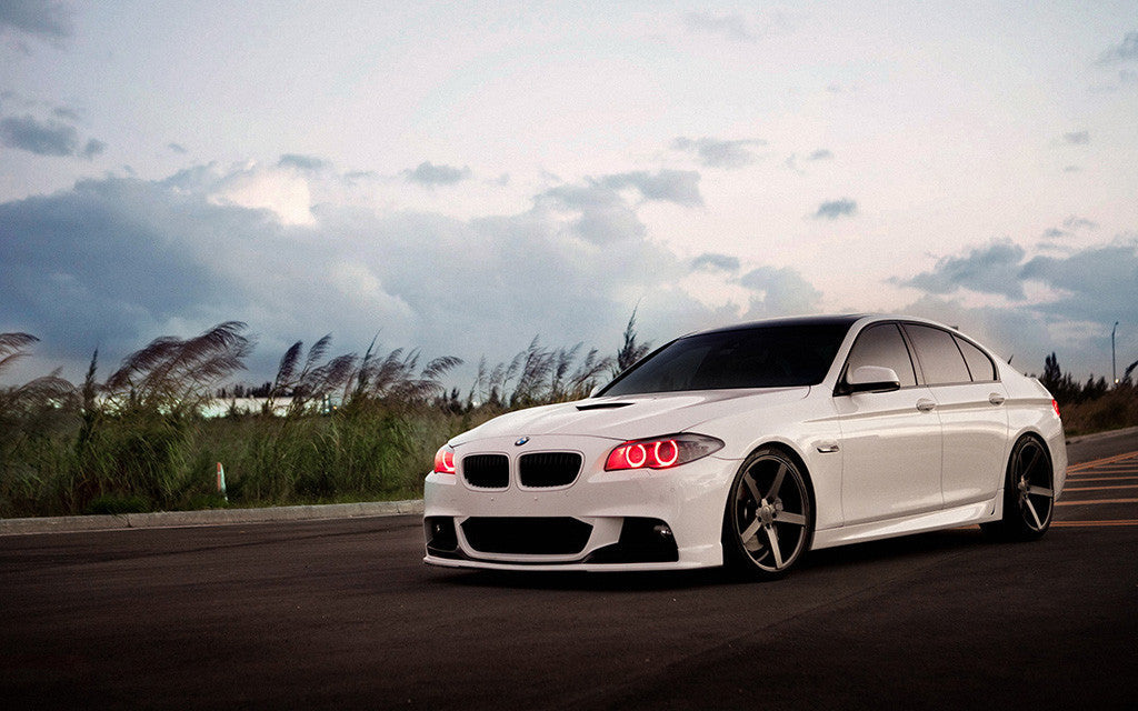White Car BMW 5 Tuning Angel Eyes Red Leds Poster