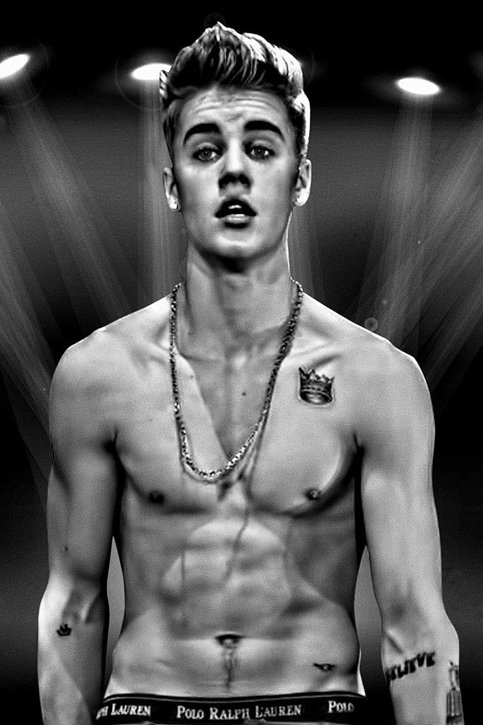 Justin Bieber Shirtless Tattoo Black and White Poster