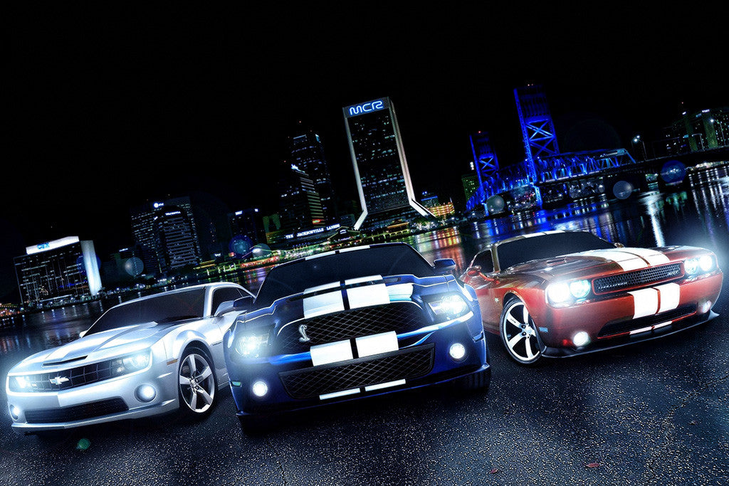 Chevrolet Camaro Ford Mustang Cobra Dodge Challenger SRT Poster