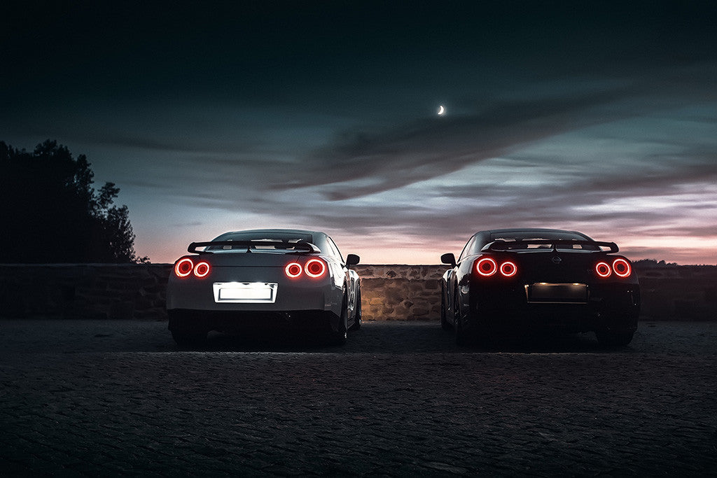 Nissan GTR R35 Black and White Night Cars Poster