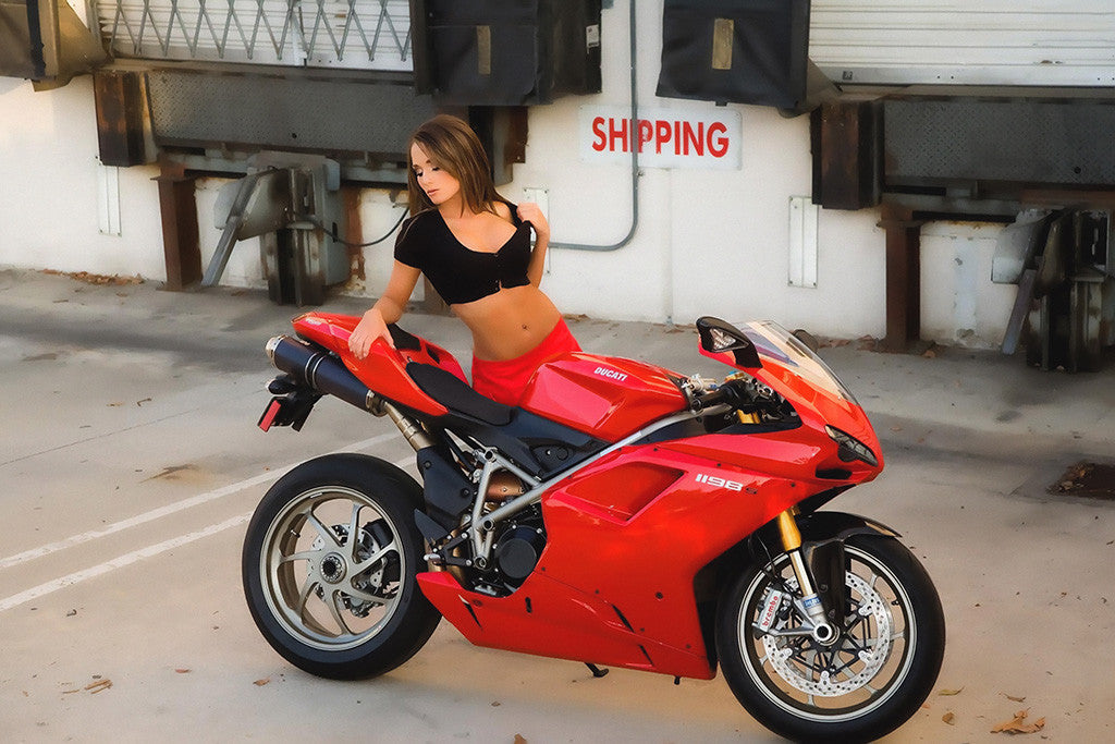 Hot Brunette Girl Ducati 1198S Motorcycle Bike Motorbike Poster