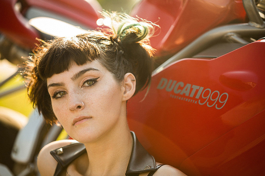 Ducati Red 999 Pin-Up Brunette Girl Woman Tattoos Motorcycle Poster
