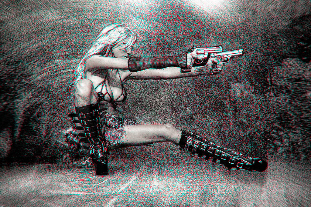 Hot Girl Blonde Gun Weapon Black and White Poster