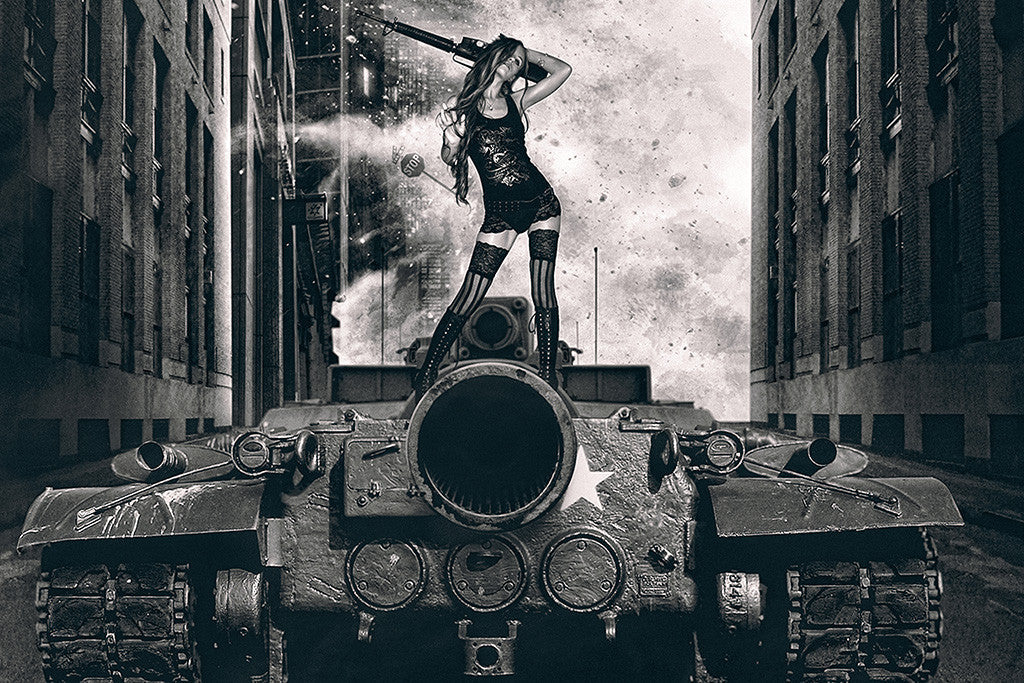 Tank Hot Girl Gun Weapon Black and White Poster